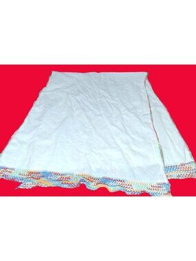 Handmade White Cotton Tablerunner Colorful Crochet Trim 1940-1950s